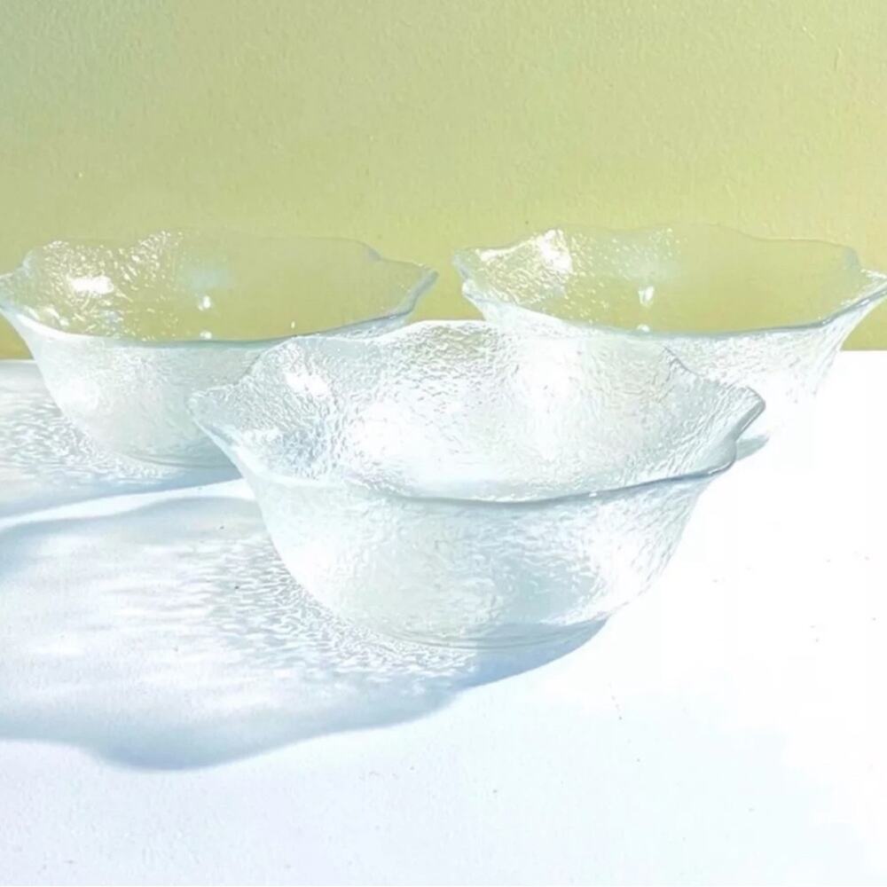 3 Vtg 70s/80s Arcoroc France Frosted Ice Glass Bowls Salad Fruit Dessert Texture